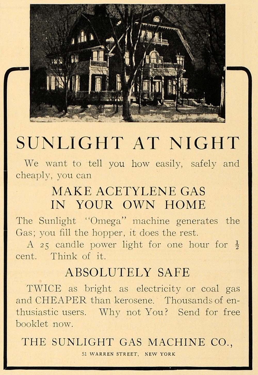 1907 Ad Sunlight Home Gas Omega Machine Acetylene - ORIGINAL ADVERTISING CL4