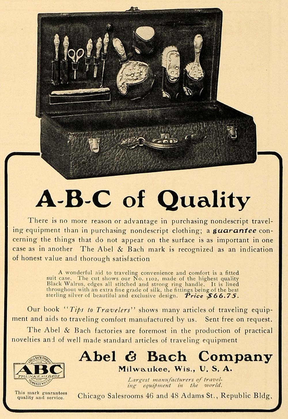 1907 Ad Abel Bach A-B-C Walrus Travel Suitcase Pricing - ORIGINAL CL4