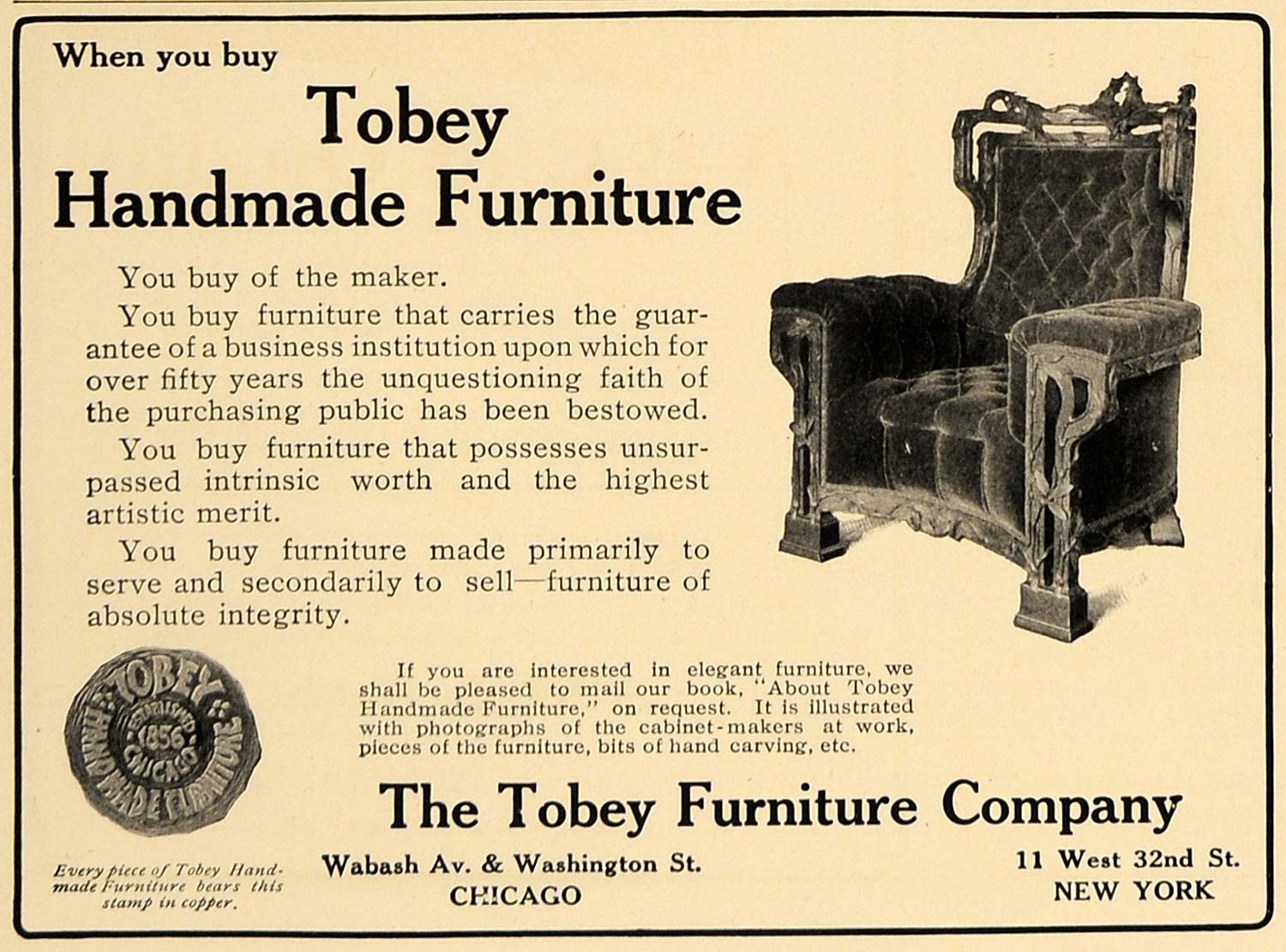 1907 Ad Tobey Handmade Furniture Velvet Chair - ORIGINAL ADVERTISING CL4
