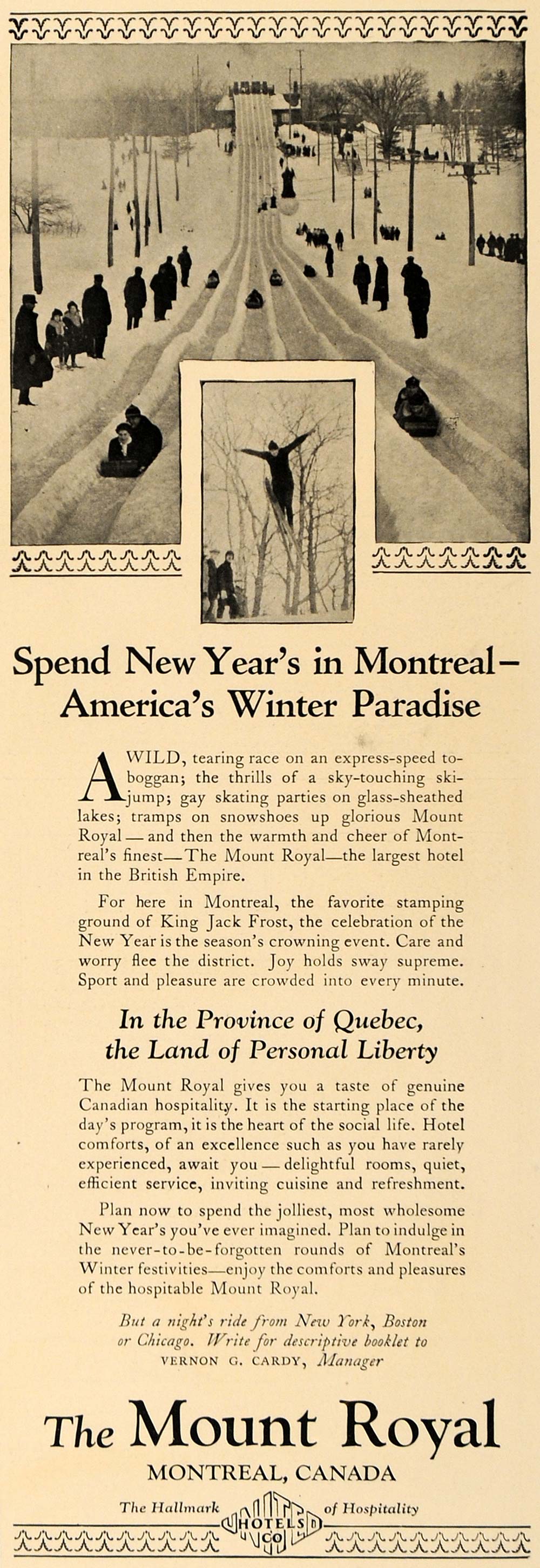 1923 Ad Mount Royal Hotel Les Cours Shop Vernon Cardy - ORIGINAL ADVERTISING CL4