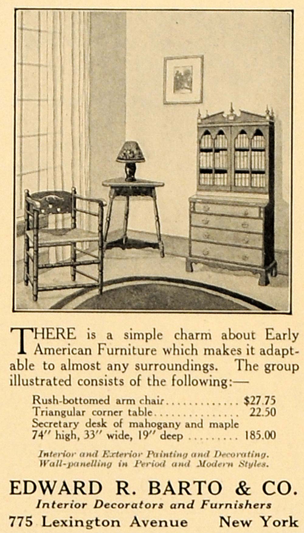 1923 Ad Edward R Barto Company Early American Furniture - ORIGINAL CL4