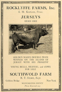 1923 Ad Rocklyffe Southwold Farm Kaplan Jersey Cows - ORIGINAL ADVERTISING CL4
