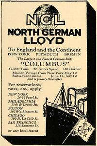 1924 Ad North German Lloyd Columbus Cruise Ship Maiden - ORIGINAL CL4