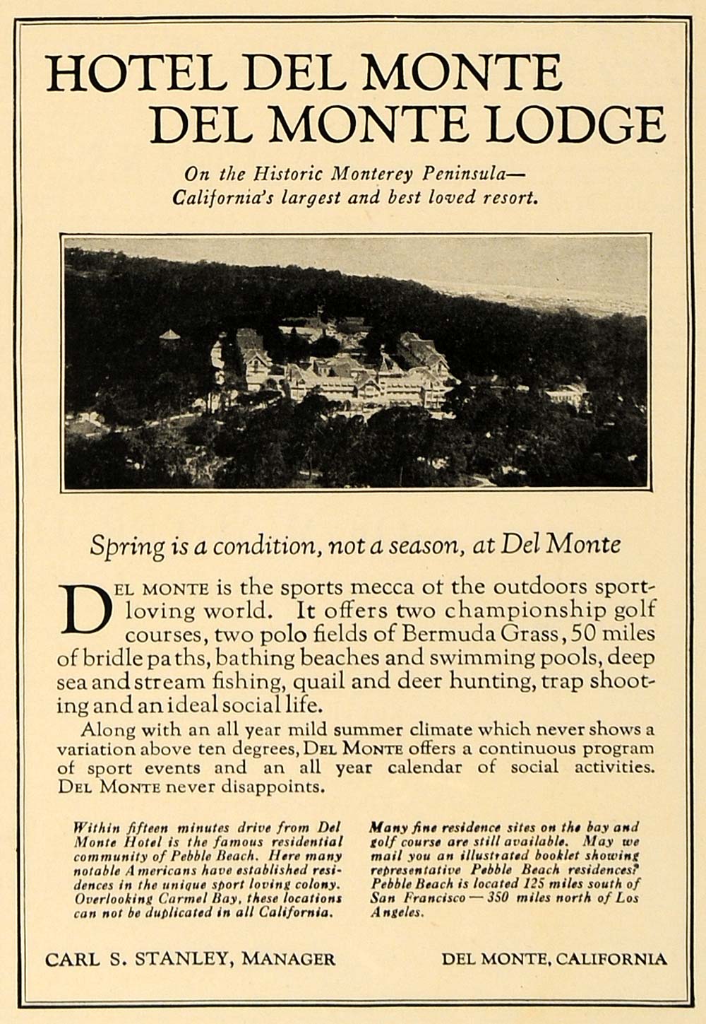 1924 Ad Hotel Del Monte Carl S Stanley Naval School - ORIGINAL ADVERTISING CL4