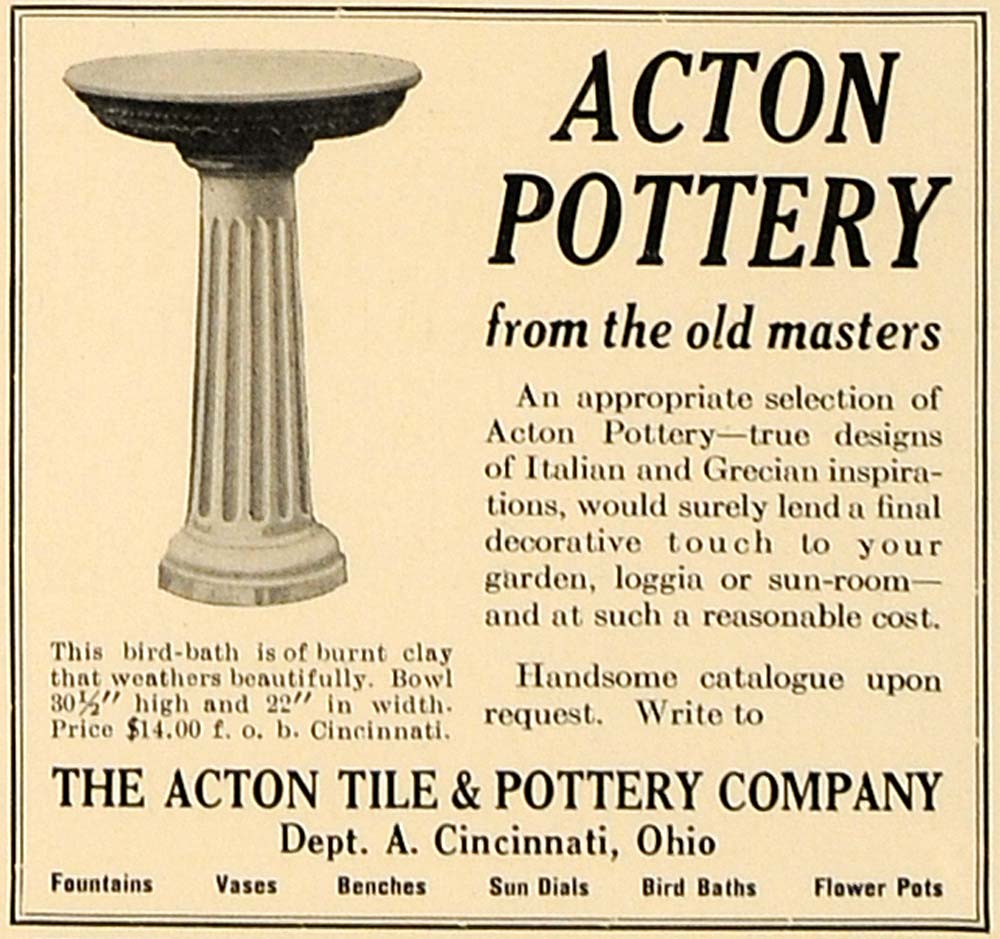 1924 Ad Action Tile Pottery Company Bird Bath Italian - ORIGINAL ADVERTISING CL4