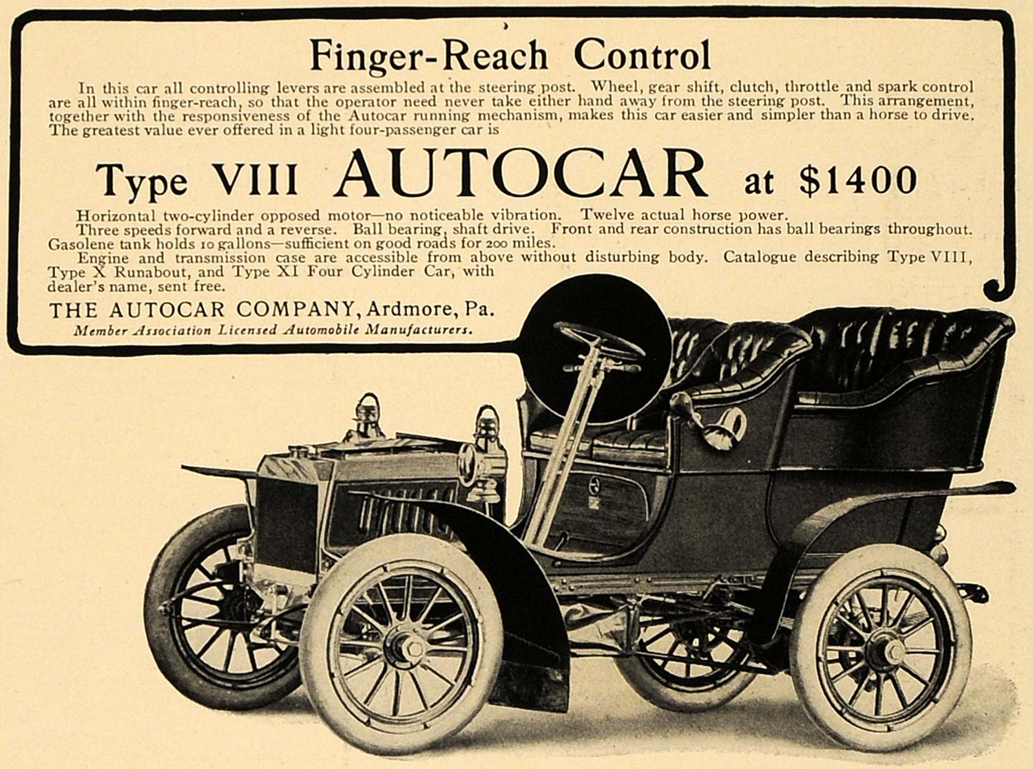 1905 Ad Finger Reach Type VIII Autocar Ardmore Car - ORIGINAL ADVERTISING CL4