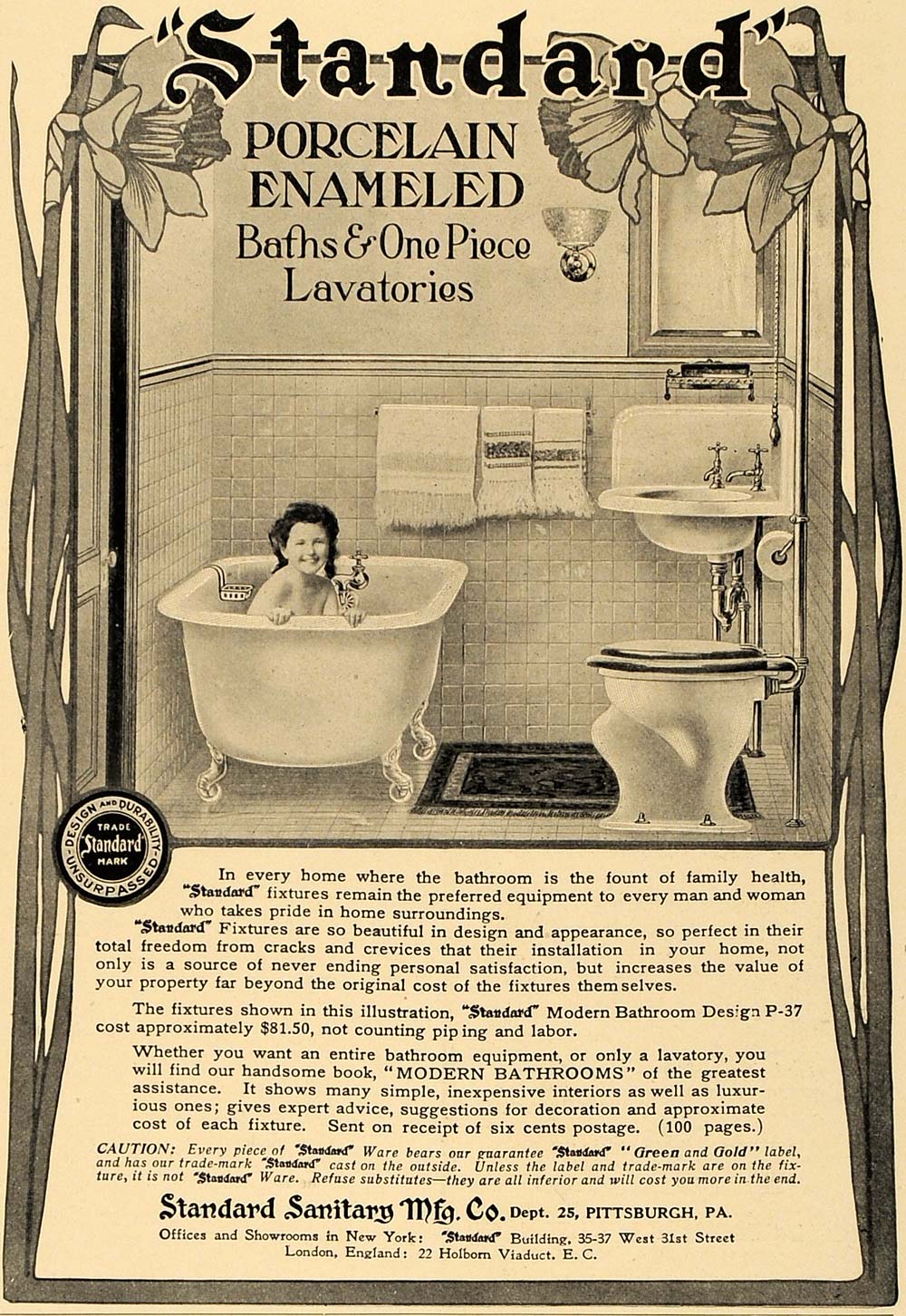 1905 Ad Standard Porcelain Enameled Bath Tub Lavatories - ORIGINAL CL4