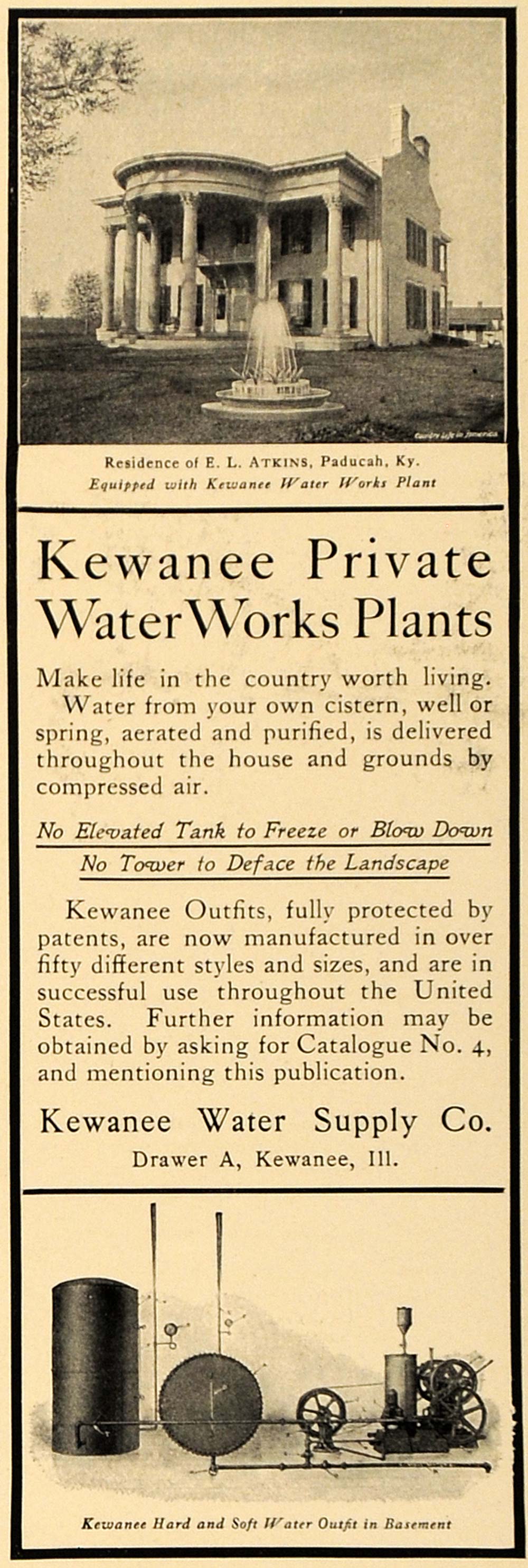 1905 Ad Kewanee Water Works Plants Cistern E L Atkins - ORIGINAL ADVERTISING CL4