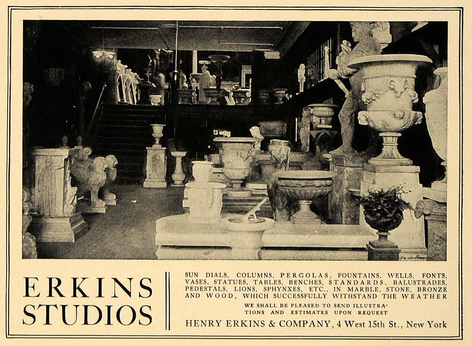 1905 Ad Henry Erkins Studios Sun Dials Columns Pergolas - ORIGINAL CL4