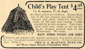 1905 Ad Child Play Tent Toy J A McAuley Company Camper - ORIGINAL CL4