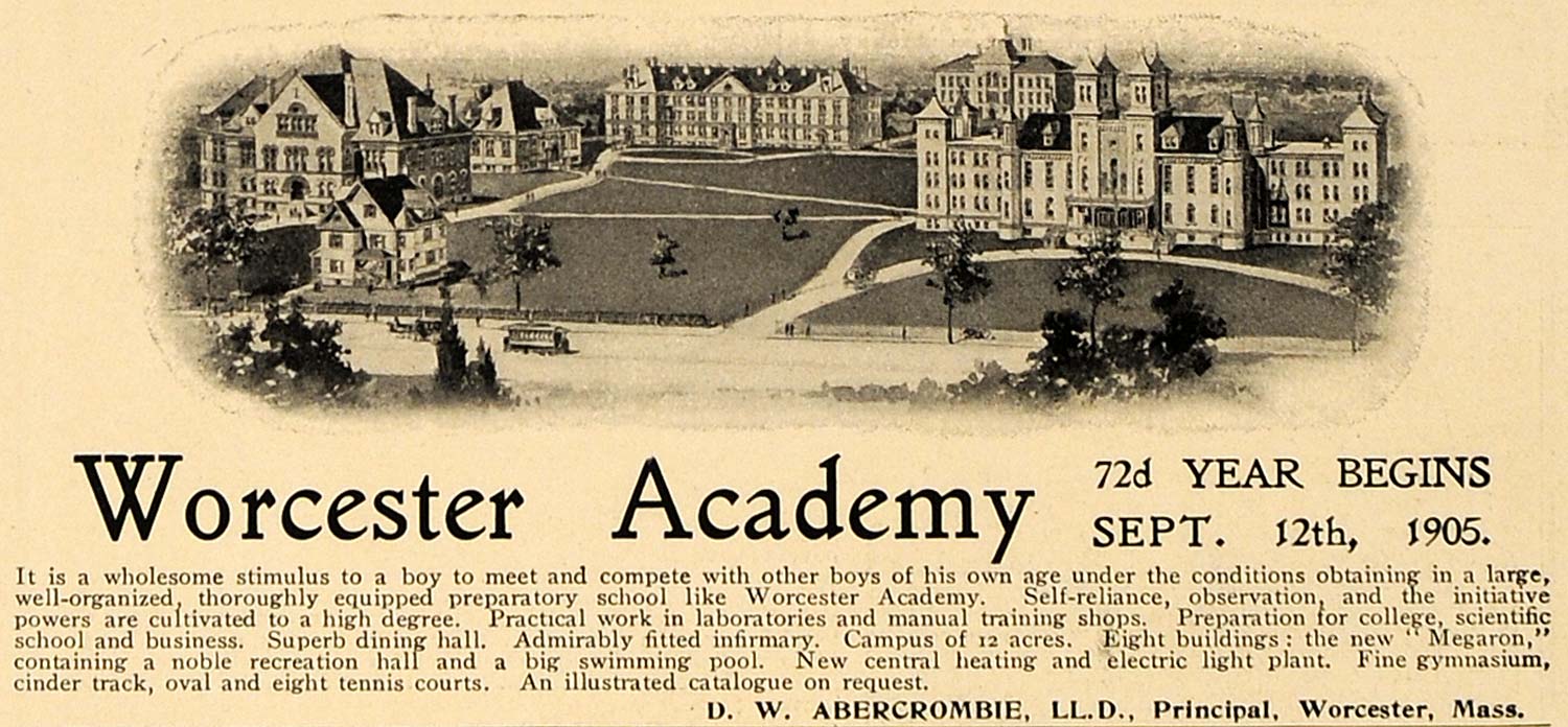 1905 Ad Worcester Academy D W Abercrombie Preparatory - ORIGINAL ADVERTISING CL4