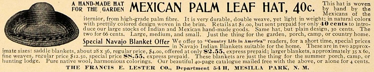1905 Ad Mexican Palm Leaf Hat Francis Lester Company - ORIGINAL ADVERTISING CL4