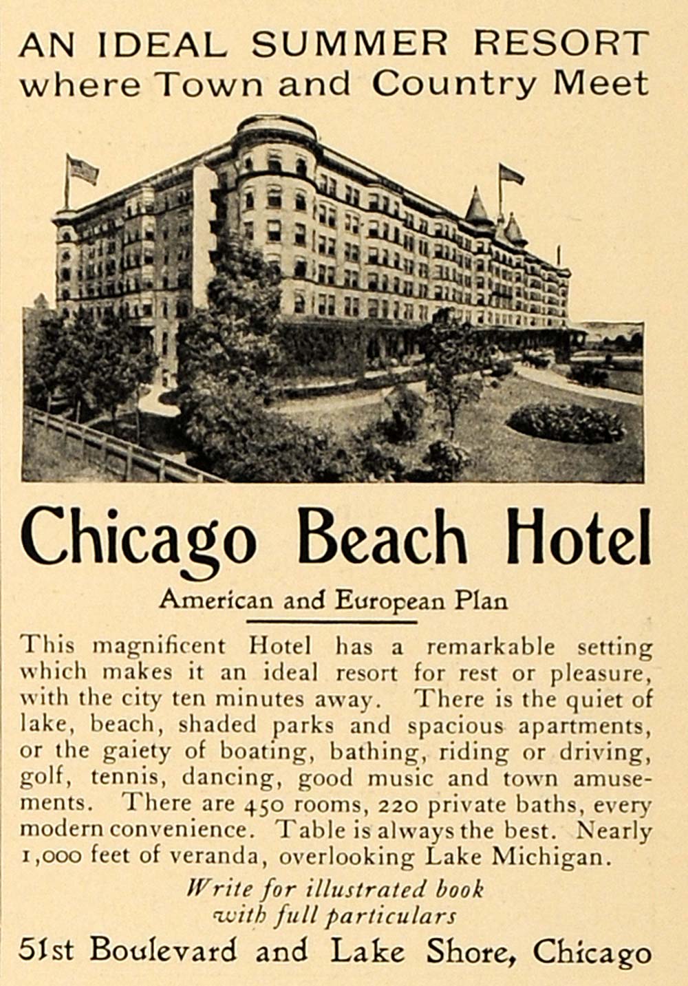 1905 Ad Chicago Beach Hotel Army Headquarters Hyde Park - ORIGINAL CL4