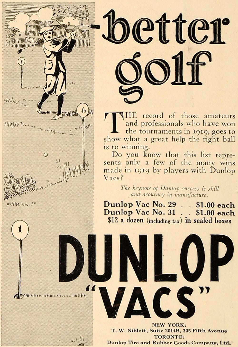 1919 Ad Dunlop Rubber Vacs Golf Ball No 29 31 Niblett - ORIGINAL ADVERTISING CL4