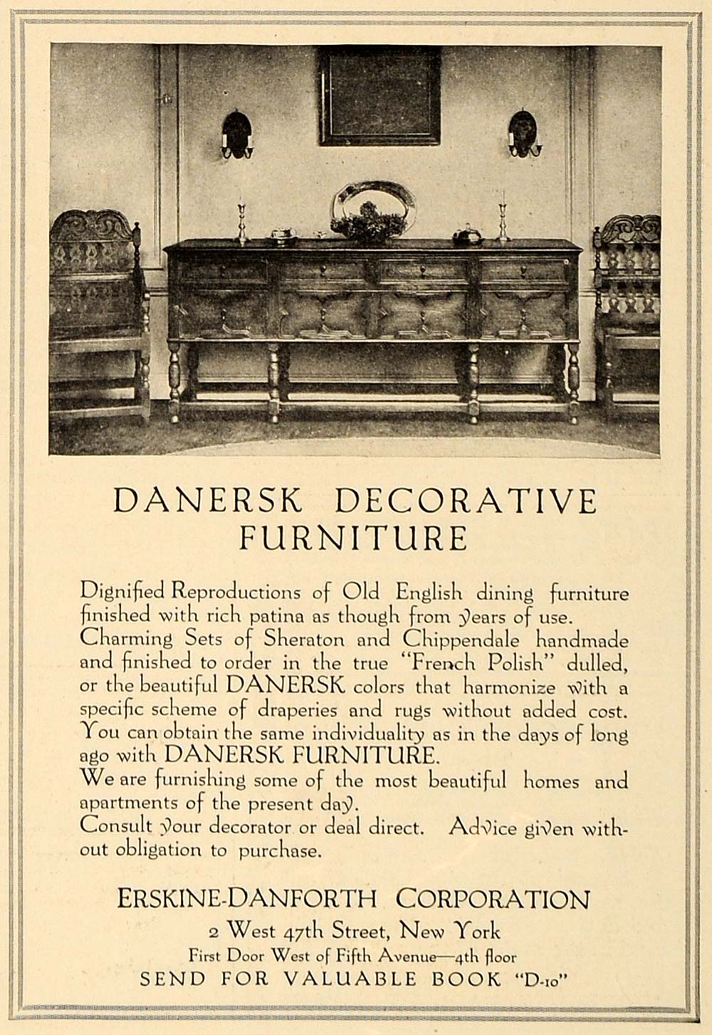 1919 Ad Danersk Old English Furniture Erskine Danforth - ORIGINAL CL4
