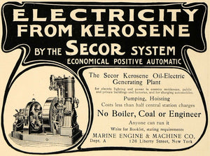 1906 Ad Secor Kerosene Oil Electric Generating Plant - ORIGINAL ADVERTISING CL4