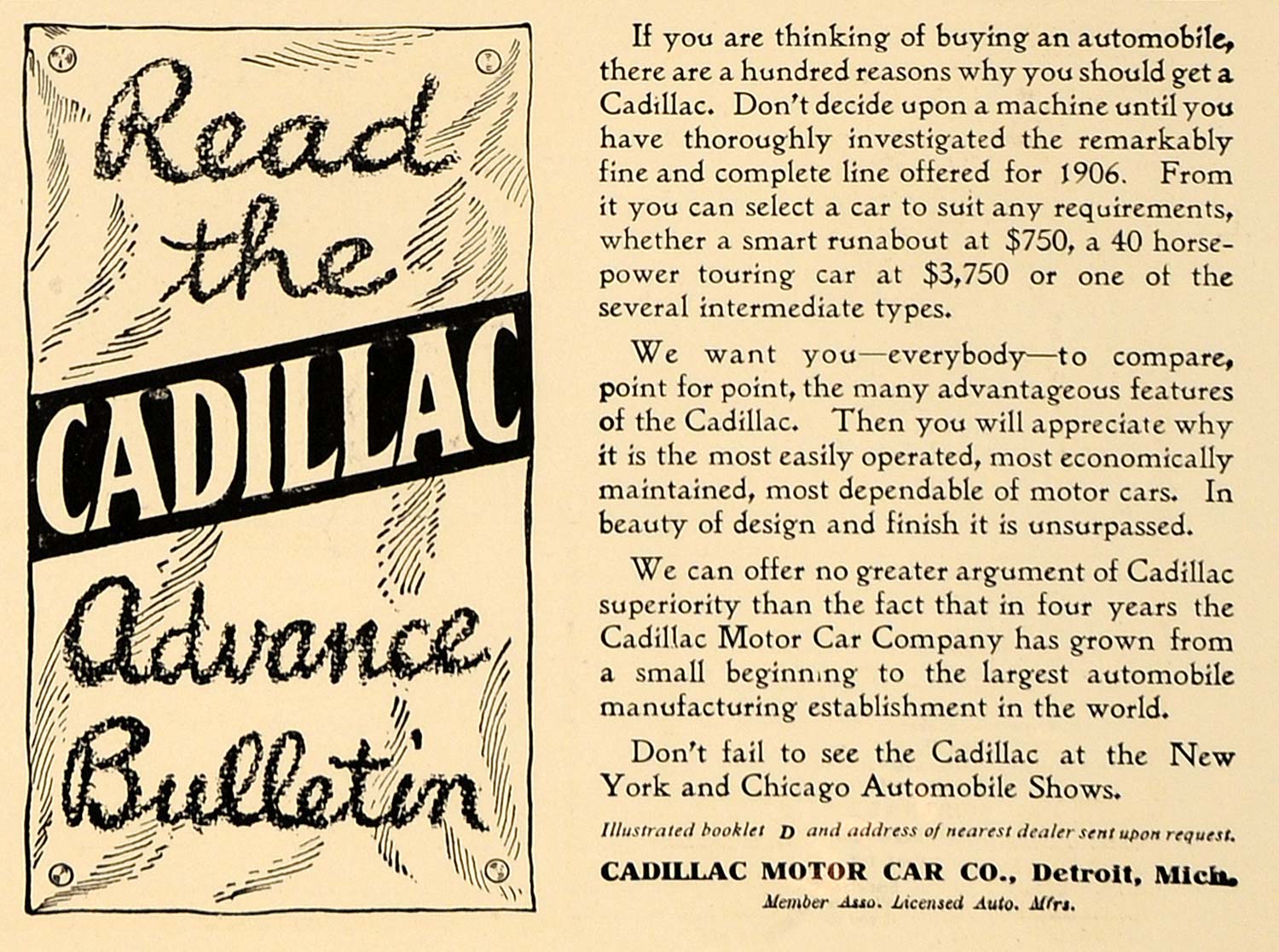 1906 Ad Cadillac Argument Advance Bulletin Automobile - ORIGINAL ADVERTISING CL4