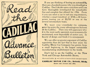 1906 Ad Cadillac Argument Advance Bulletin Automobile - ORIGINAL ADVERTISING CL4