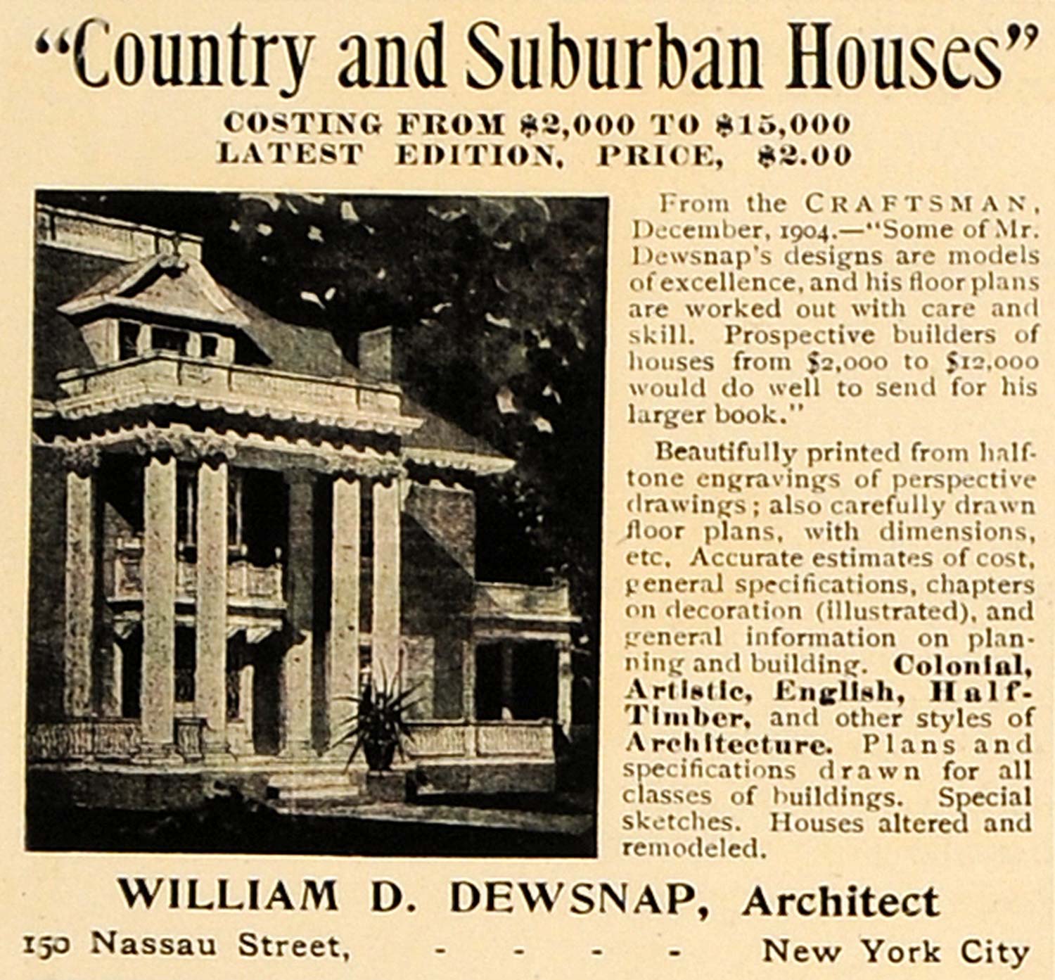 1906 Ad William D Dewsnap Architect Colonial Craftsman - ORIGINAL CL4