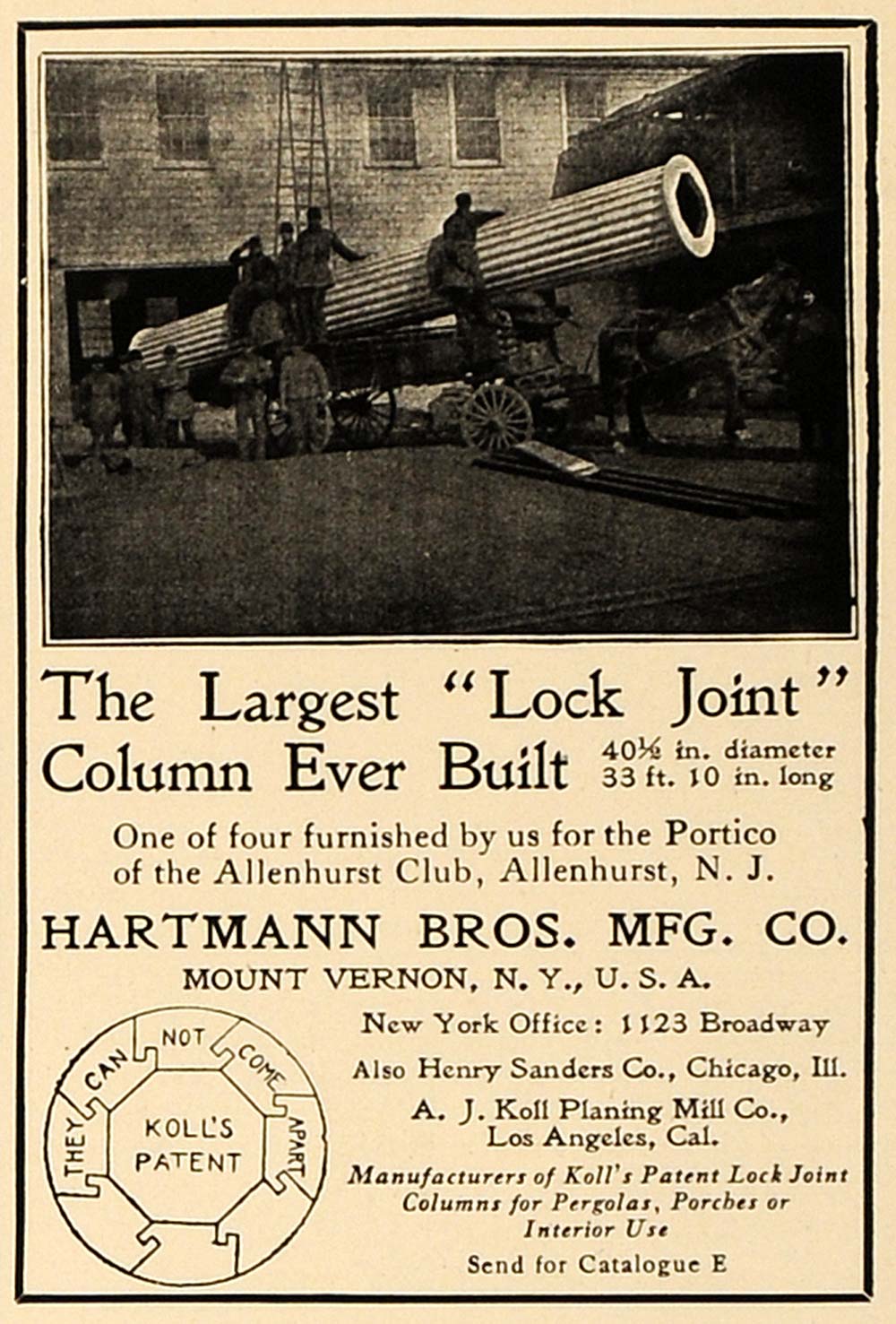 1906 Ad Hartman Brother Manufacturing Lock Joint Column - ORIGINAL CL4
