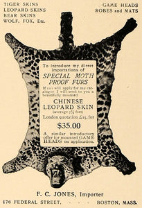 1906 Ad Tiger Leopard Bear Wold Fox Skins F C Jones Fur - ORIGINAL CL4