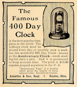 1906 Ad Anderton Son Famous 400 Day Clock Anniversary - ORIGINAL ADVERTISING CL4
