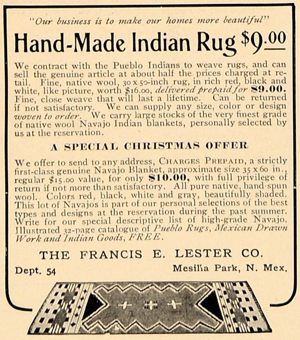 1906 Ad Hand Made Indian Rug Francis E Lester Company - ORIGINAL ADVER ...