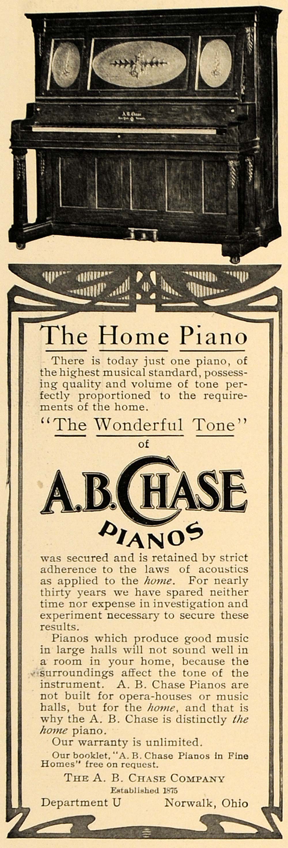 1906 Ad Antique A.B. Chase Home Pianos Norwalk Ohio - ORIGINAL ADVERTISING CL4