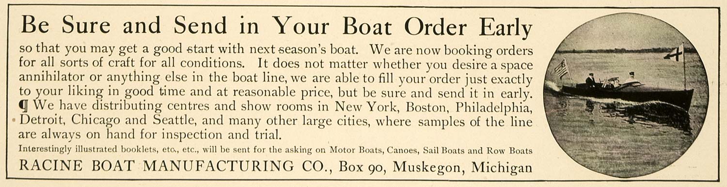 1906 Ad Racine Boat Mfg Order Send-In Muskegon Michigan - ORIGINAL CL4