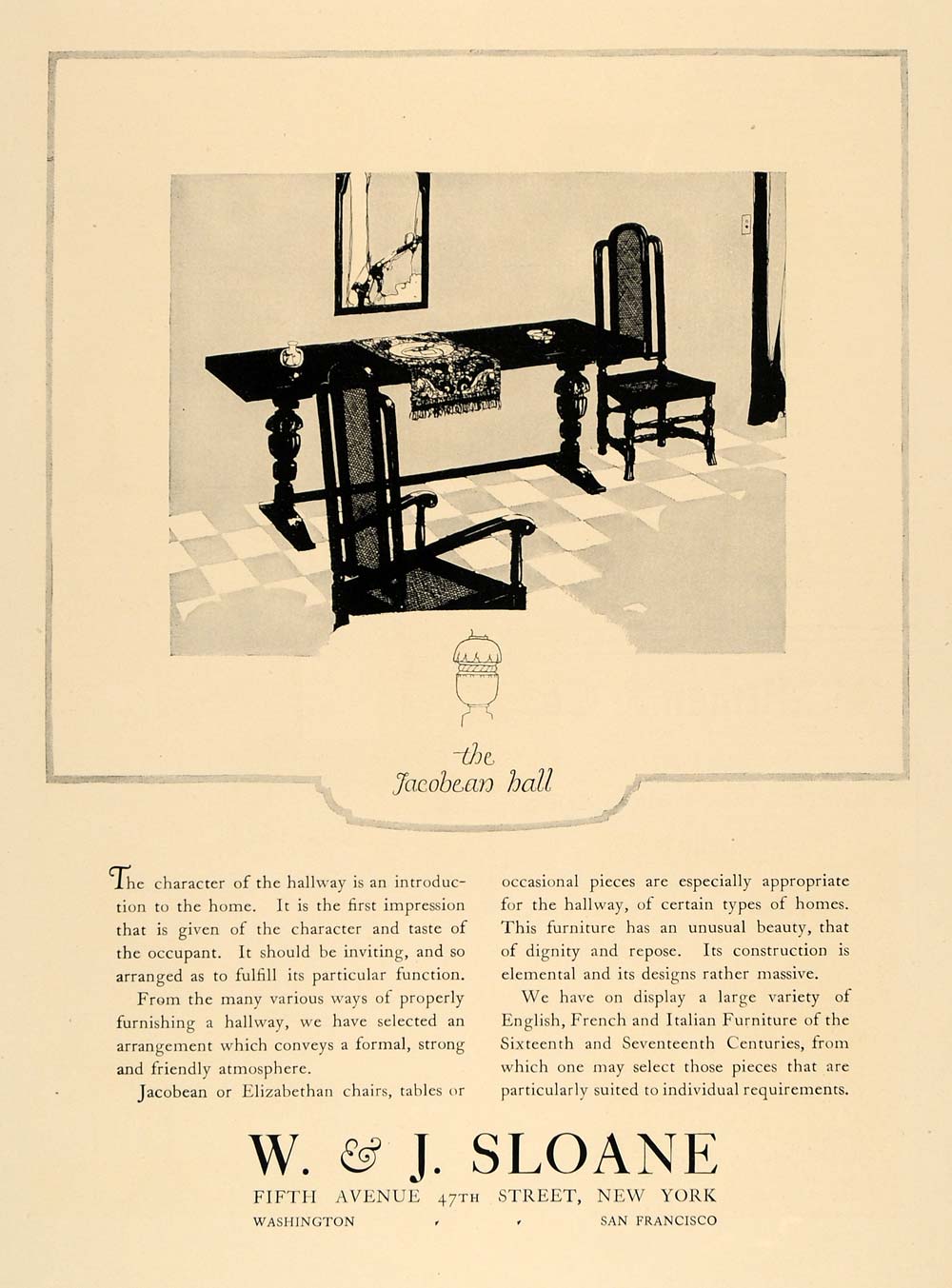 1924 Ad W.J. Sloane Jacobean Elizabethan Furniture - ORIGINAL ADVERTISING CL4