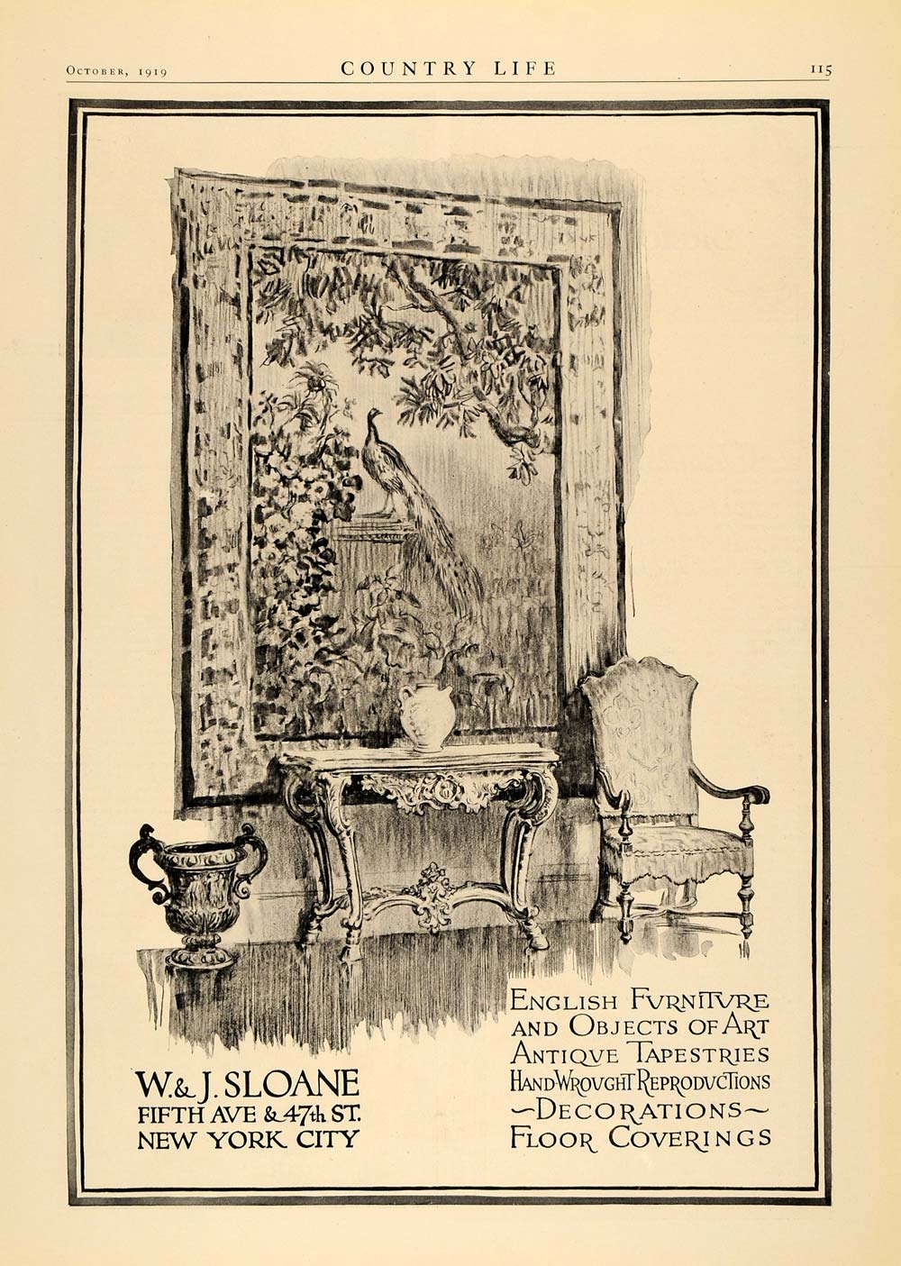1919 Ad W.J. Sloane English Furniture Antique Tapestry - ORIGINAL CL4