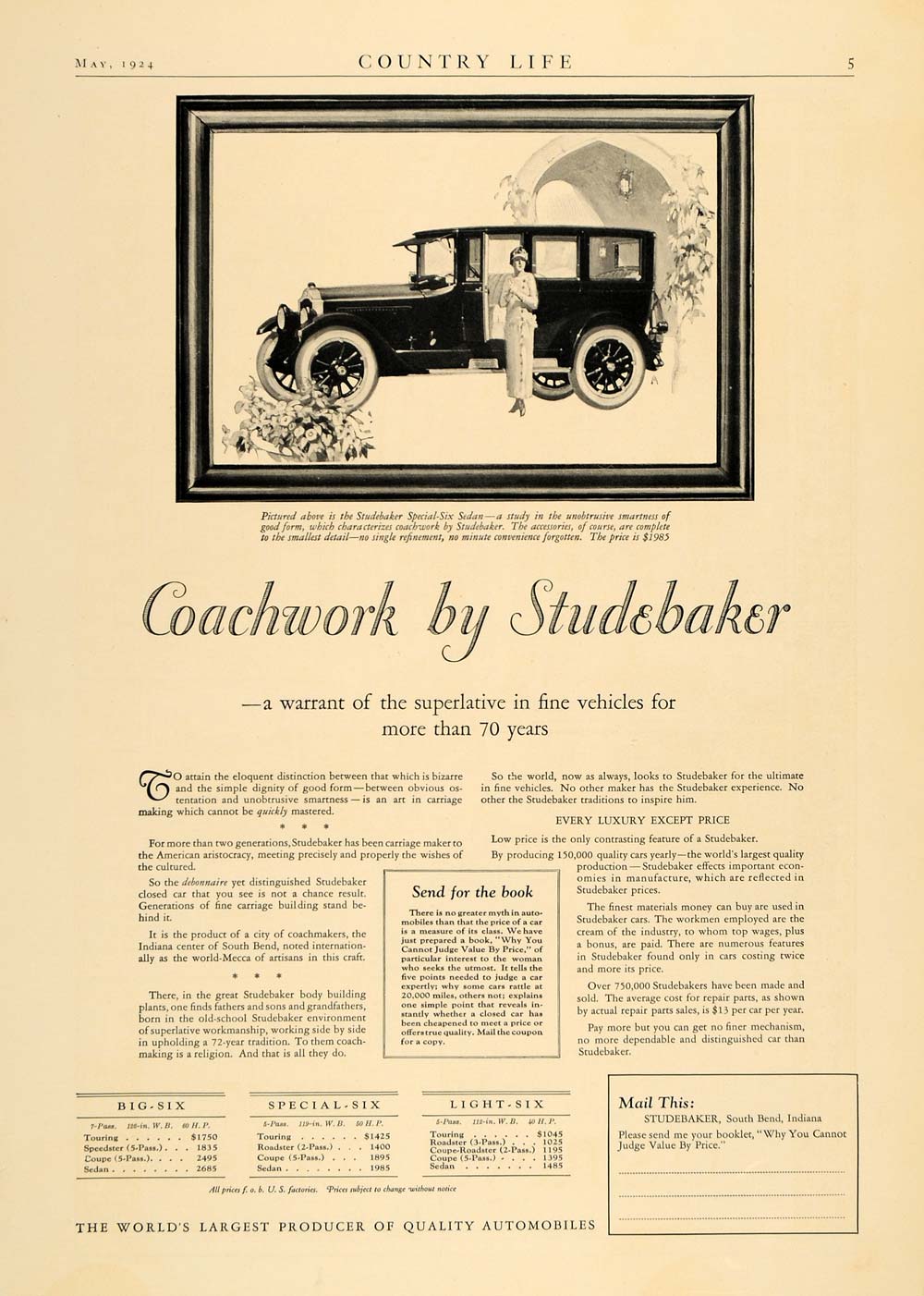 1924 Ad Studebaker Big-Six Special Light Vehicles Lady - ORIGINAL CL4