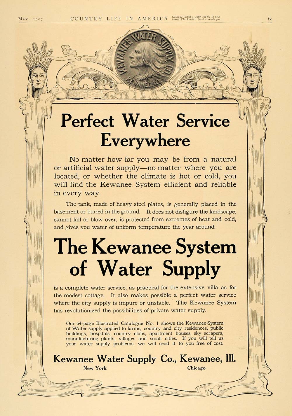 1907 Ad Kewanee Water Supply Native American Coin Waves - ORIGINAL CL4