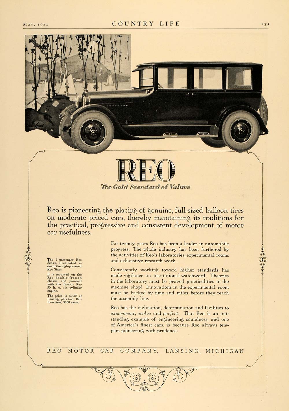 1924 Ad Reo Motor Car Sedan Six Vehicle Model Lansing - ORIGINAL ADVERTISING CL4