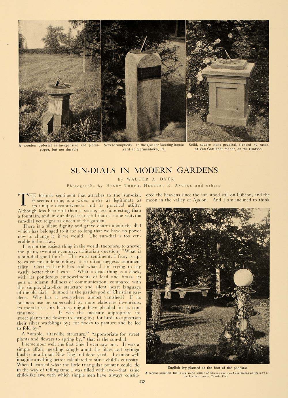 1906 Article Sun Dial Pedestal Garden Decor Walter Dyer - ORIGINAL CL5