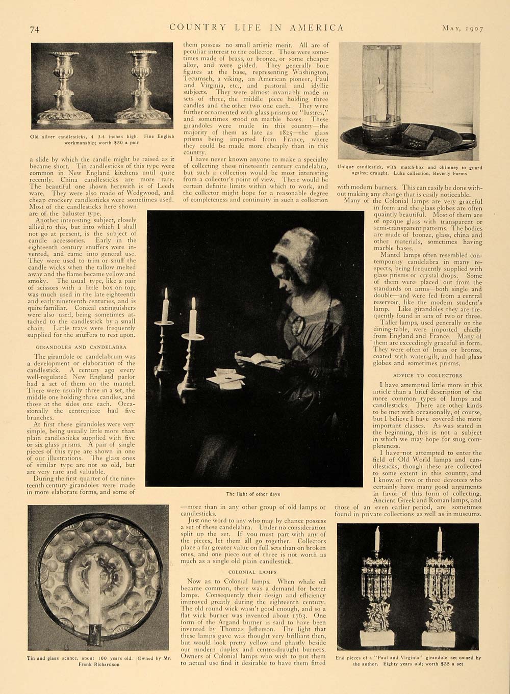 1907 Article Old Lamps Candlesticks W. Dyer Soderholtz - ORIGINAL CL5