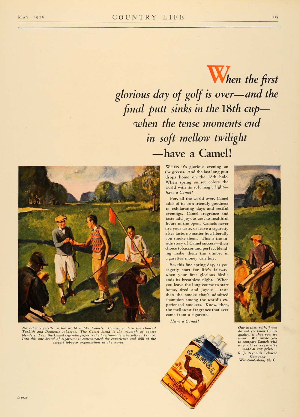 1926 Ad Reynold Tobacco Camel Cigarettes Golf Sport - ORIGINAL ADVERTISING CL6