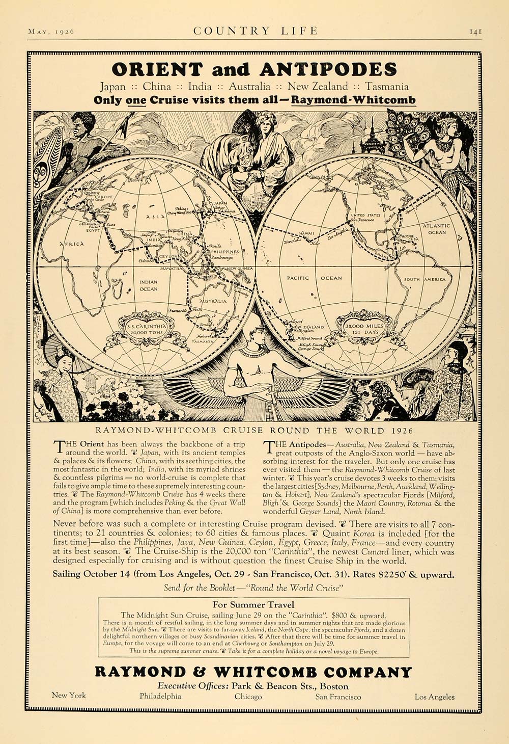 1926 Ad Raymond Whitcomb Cruise Orient Antipodes Globe - ORIGINAL CL6