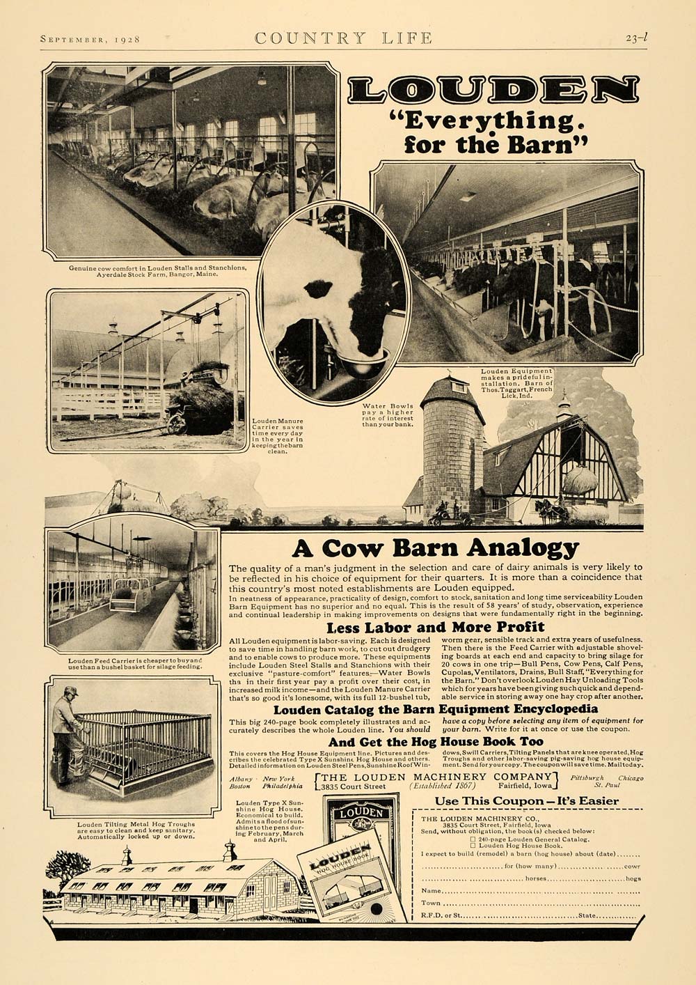 1928 Ad Louden Machinery Ayerdale Stock Farm Cow Barn ORIGINAL ADVER