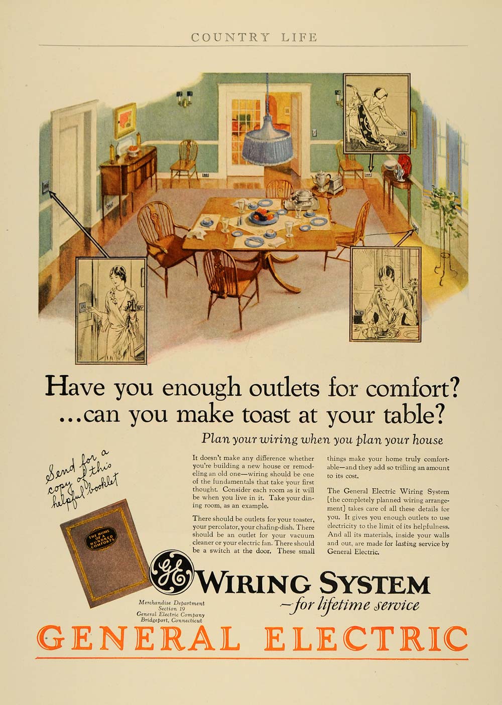1928 Ad General Electric Wiring Outlets Dining Room - ORIGINAL ADVERTISING CL6