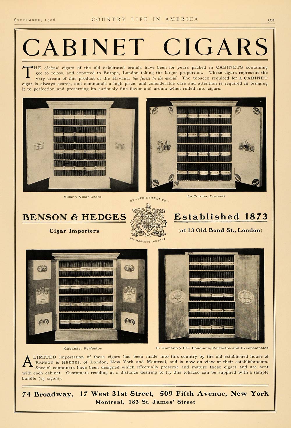 1906 Ad Benson Hedges Cabinet Cigars Coronas Cabanas - ORIGINAL ADVERTISING CL6