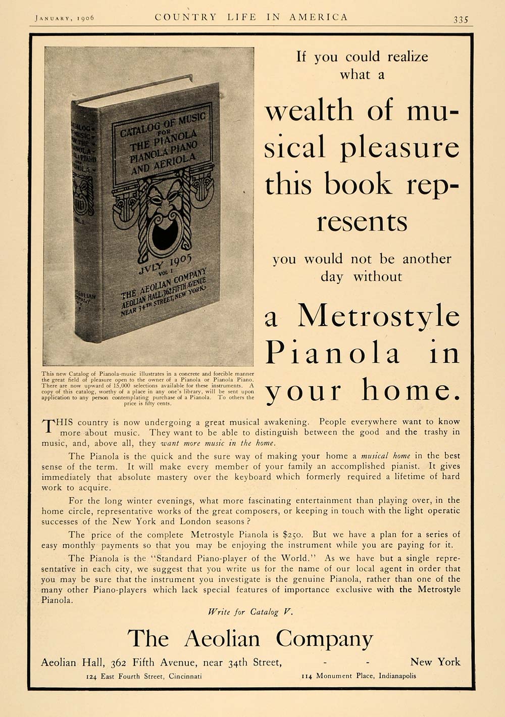 1906 Ad Aeolian Metrostyle Pianola Piano Book Catalog - ORIGINAL ADVERTISING CL6