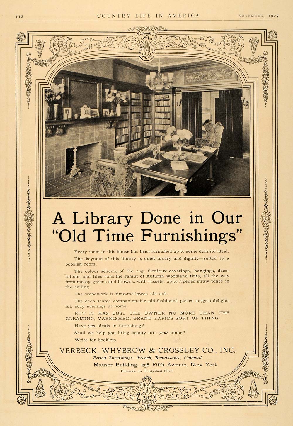 1907 Ad Verbeck Whybrow Crossley Period Furnishings - ORIGINAL ADVERTISING CL6