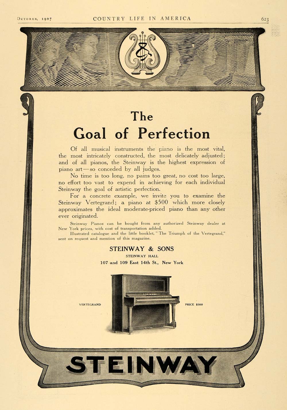 1907 Ad Steinway Vertegrand Piano Music Pricing Harp - ORIGINAL ADVERTISING CL6