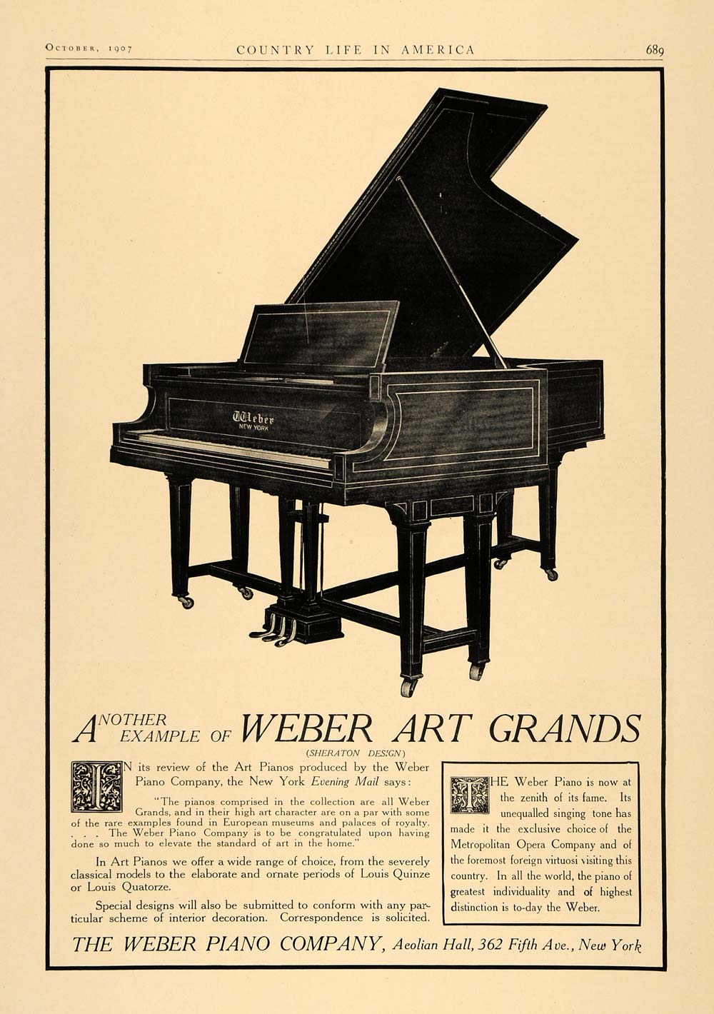 1907 Ad Weber Piano Art Grands Metropolitan Opera - ORIGINAL ADVERTISING CL6