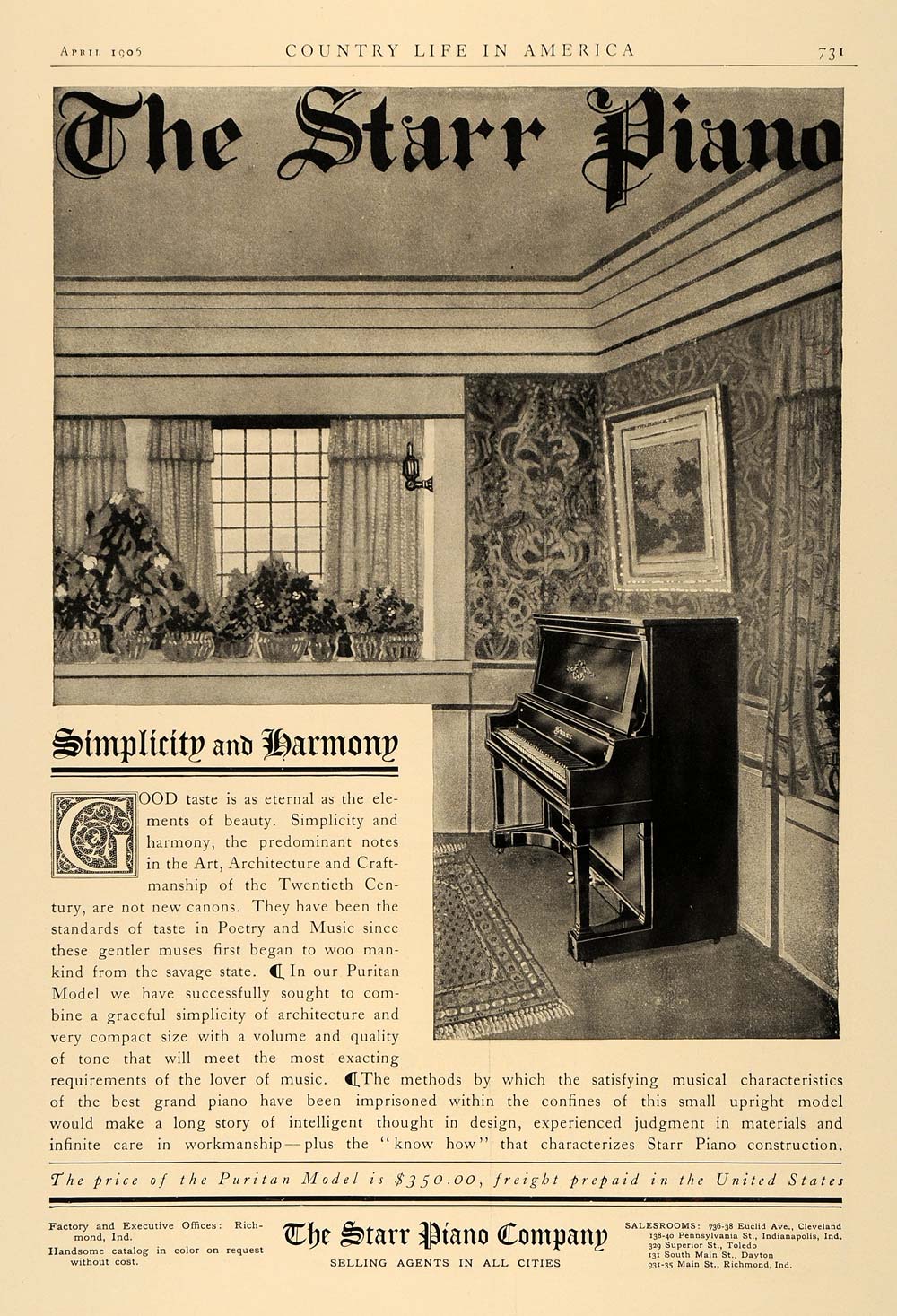 1906 Ad Starr Piano Puritan Model Architecture Pricing - ORIGINAL CL6