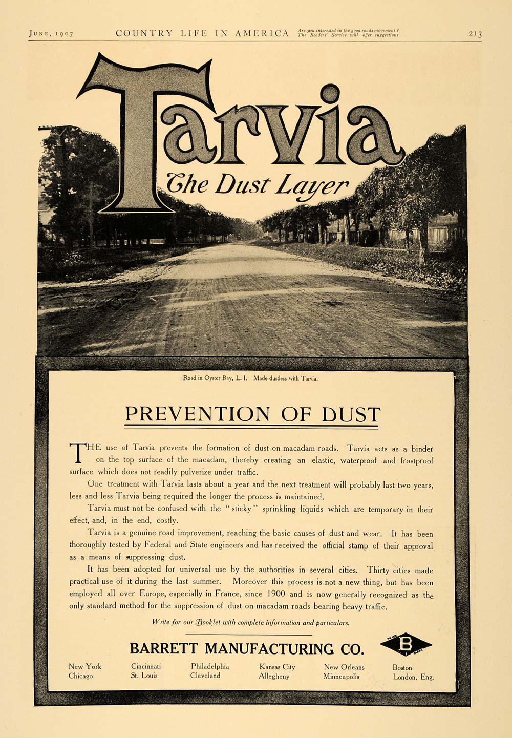 1907 Ad Barrett Manufacturing Travia Dust Oyster Bay - ORIGINAL ADVERTISING CL6