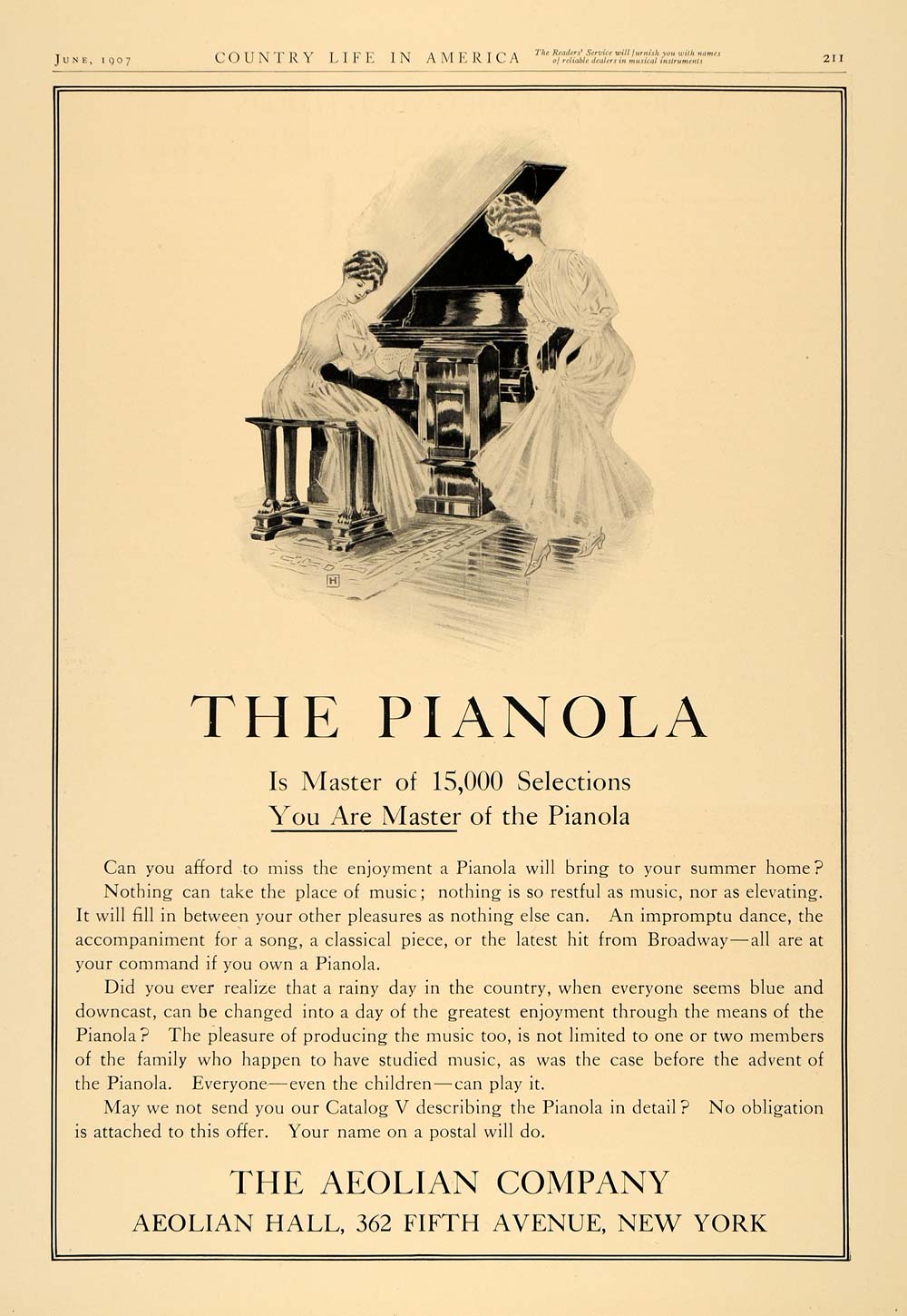 1907 Ad Aeolian Pianola Piano 362 Fifth Avenue New York - ORIGINAL CL6