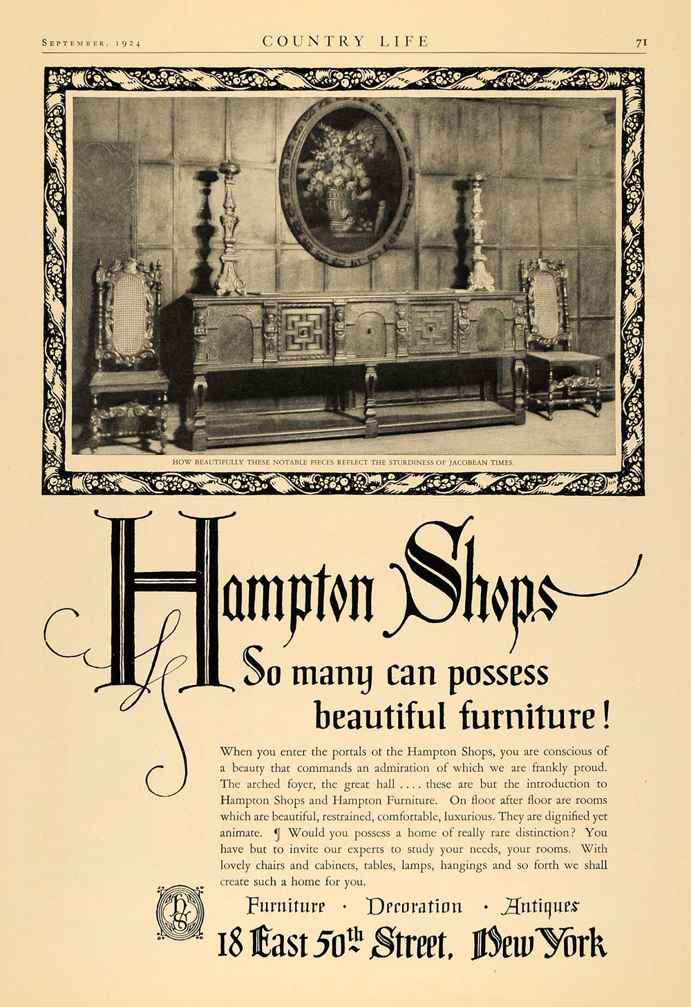 1924 Ad Hampton Shops Furniture Jacobeam Era Cabinet - ORIGINAL ADVERTISING CL6