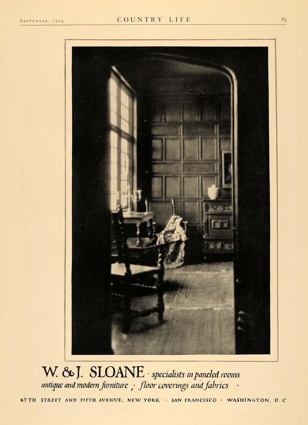 1924 Ad W J Sloane Paneled Rooms Furniture Floor Fabric - ORIGINAL CL6